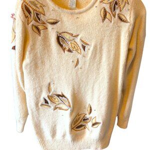 SILK and ANGORA Petite Sophisticate Cream Sweater with Brown Leaf Design